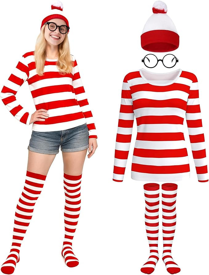 Halloween Costume for Women - 4 Pcs Red and White Striped Shirt Beanie Cap Socks Glasses for Hall... | Amazon (US)