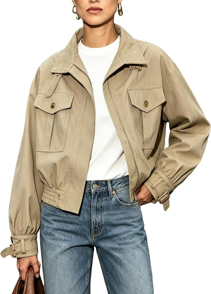 Womens Cropped Jackets Casual Shackets Bomber Jacket Coat | Amazon (US)