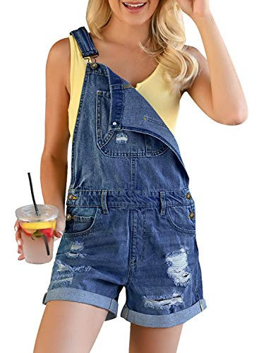 luvamia Women's Ripped Short Overalls Folded Hem Denim Bib Overall Shorts Casual Short Overalls Rompers for Women Summer Casual Cute Rompers for Women Summer Denim Rompersfresh Bright Blue Size Small | Amazon (US)