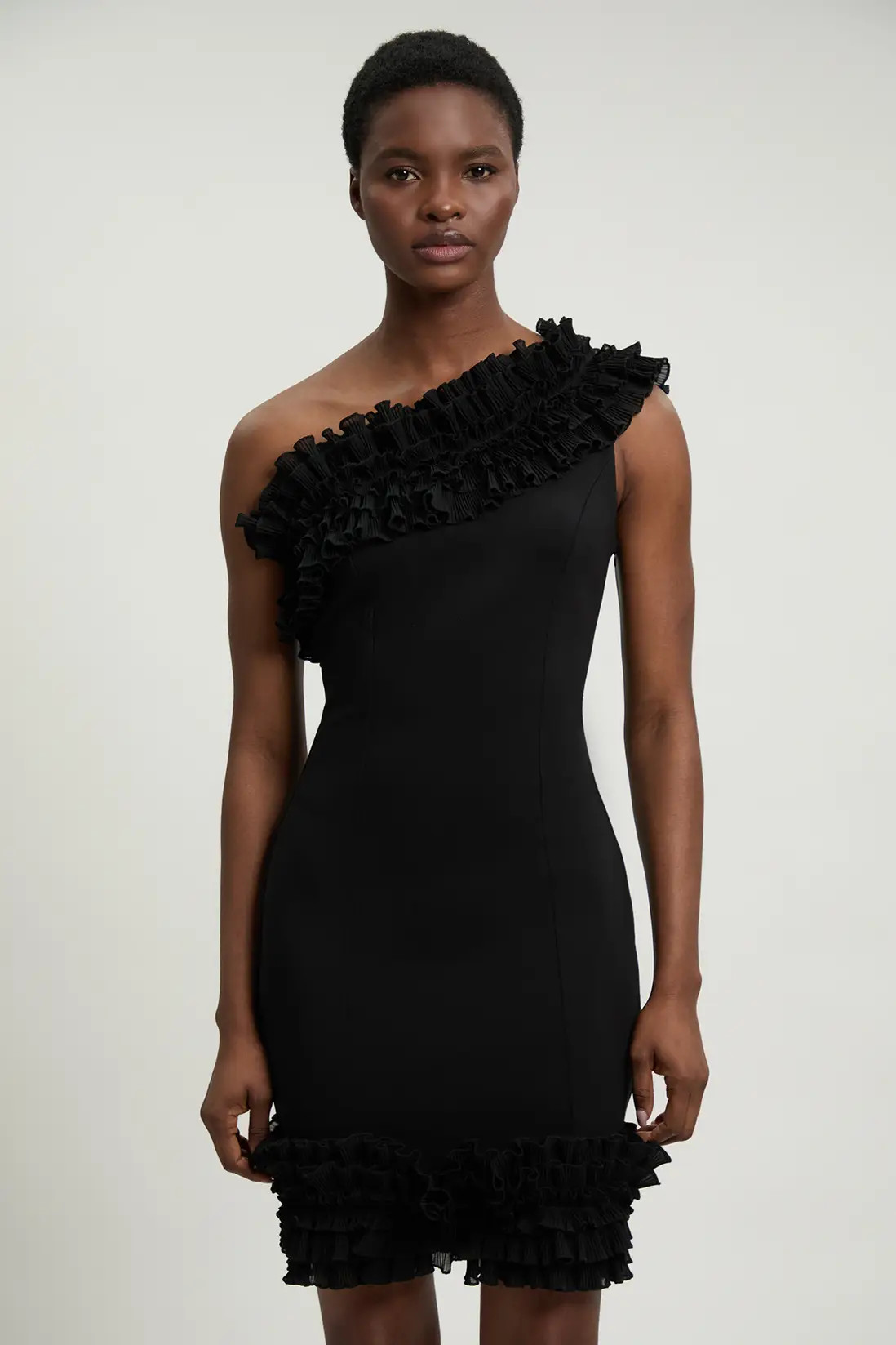 Black Drama Ruffle Asymmetric Mini Dress | Karen Millen | Karen Millen