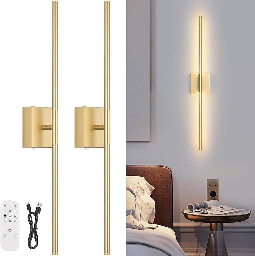 Battery Operated Wall Sconce Set of Two with Remote Control, 3000K-6000K Dimmable Gold Wall Light... | Amazon (US)