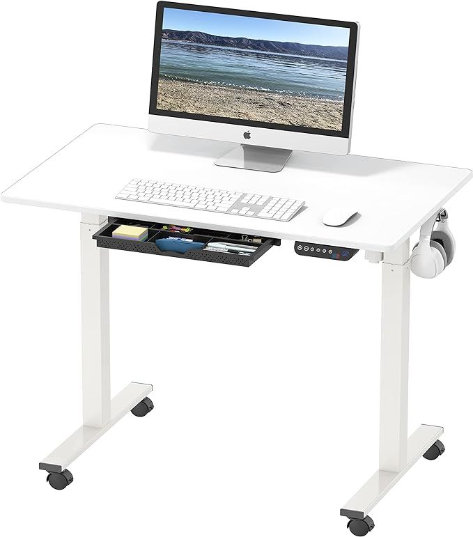 SHW Small Electric Height Adjustable Mobile Sit Stand Desk with Drawer, Hanging Hooks and Cable M... | Amazon (US)