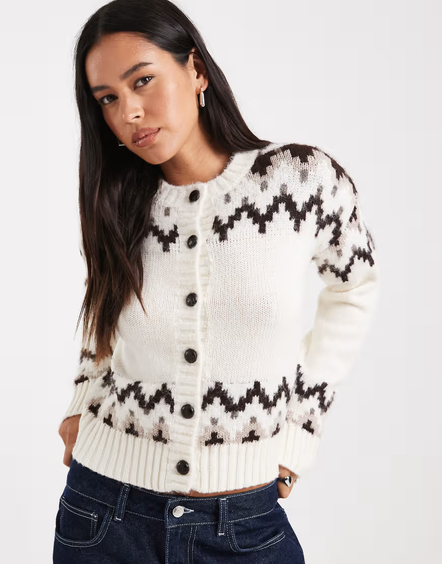 4th & Reckless contains wool fairisle button through cardigan in cream-White | ASOS (Global)