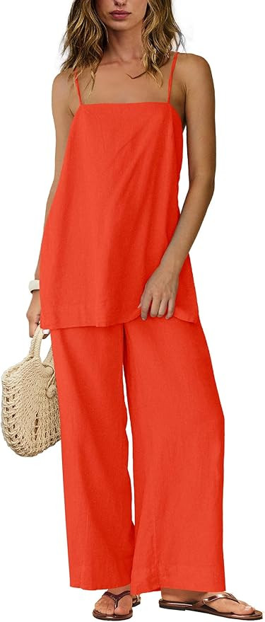 SENSERISE Linen Sets for Women 2 Piece Set Summer Beach Vacation Outfits Spaghetti Strap Tank Top... | Amazon (US)