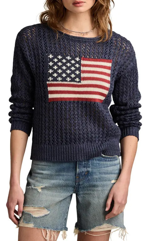 Lucky Brand Americana Flag Cotton Graphic Sweater in Cadet Navy at Nordstrom, Size Small | Nordstrom