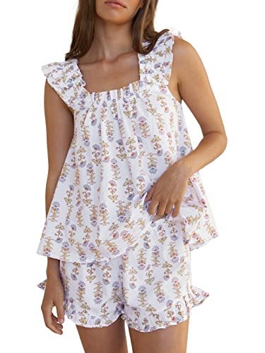 Farktop Womens Floral Print Pajama Sets Ruffle Trim Cami and Casual Shorts 2 Piece Lounge Set PJ | Amazon (US)