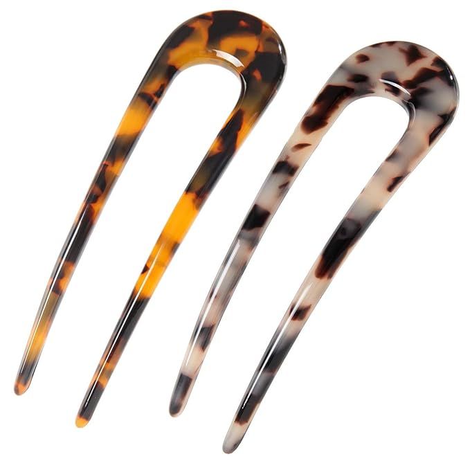 2 Pack French Style Cellulose Acetate Tortoise Shell U Shaped Hair Pin Fork Sticks 2 Prong Updo C... | Amazon (US)