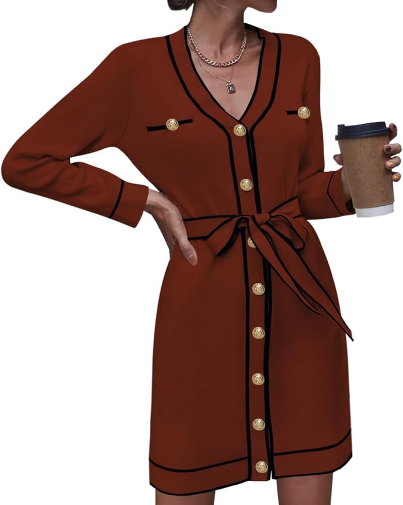 Pink Queen Women's Long Sleeve Button Down Sweater Dress Elegant V Neck Open Front Color Block Kn... | Amazon (US)