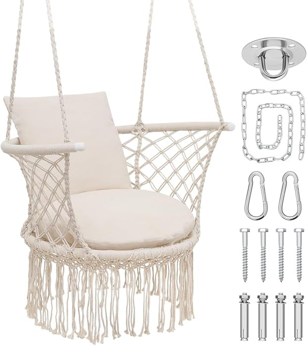 Athena Collection Hammock Swing Chair with Cushion, Outdoor Macrame Chair with Mounting Hardware,... | Amazon (US)