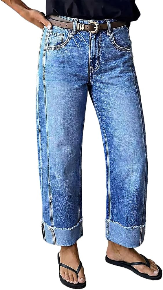 Flamingals Mid Rise Straight Leg Jeans for Women Wash Seam Front Roll Raw Hem Denim Pants Without... | Amazon (US)