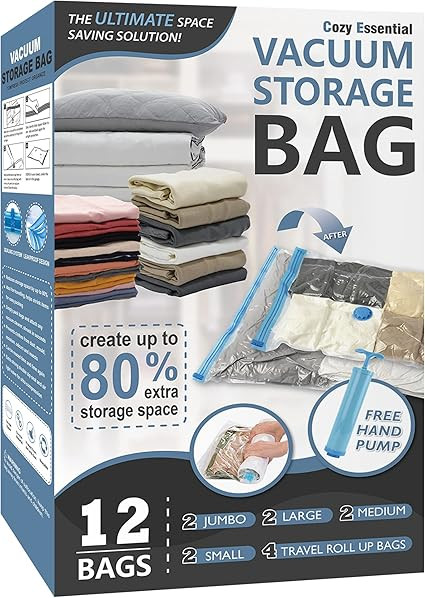 12 Pack Vacuum Storage Bags, Space Saver Bags (2 Jumbo/2 Large/2 Medium/2 Small/4 Roll) Compressi... | Amazon (US)