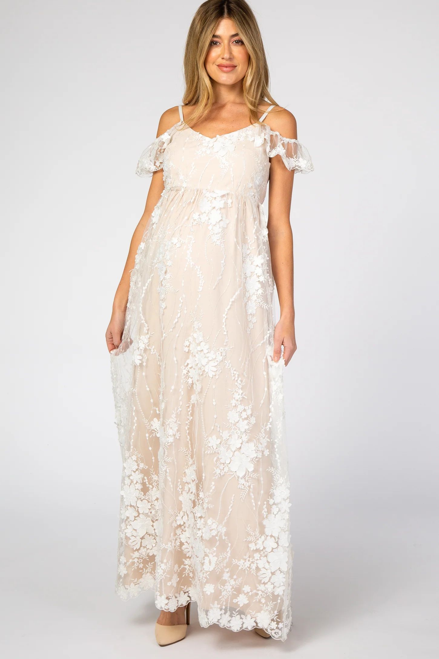 Ivory Floral Embroidered Mesh Maternity Evening Gown | PinkBlush Maternity