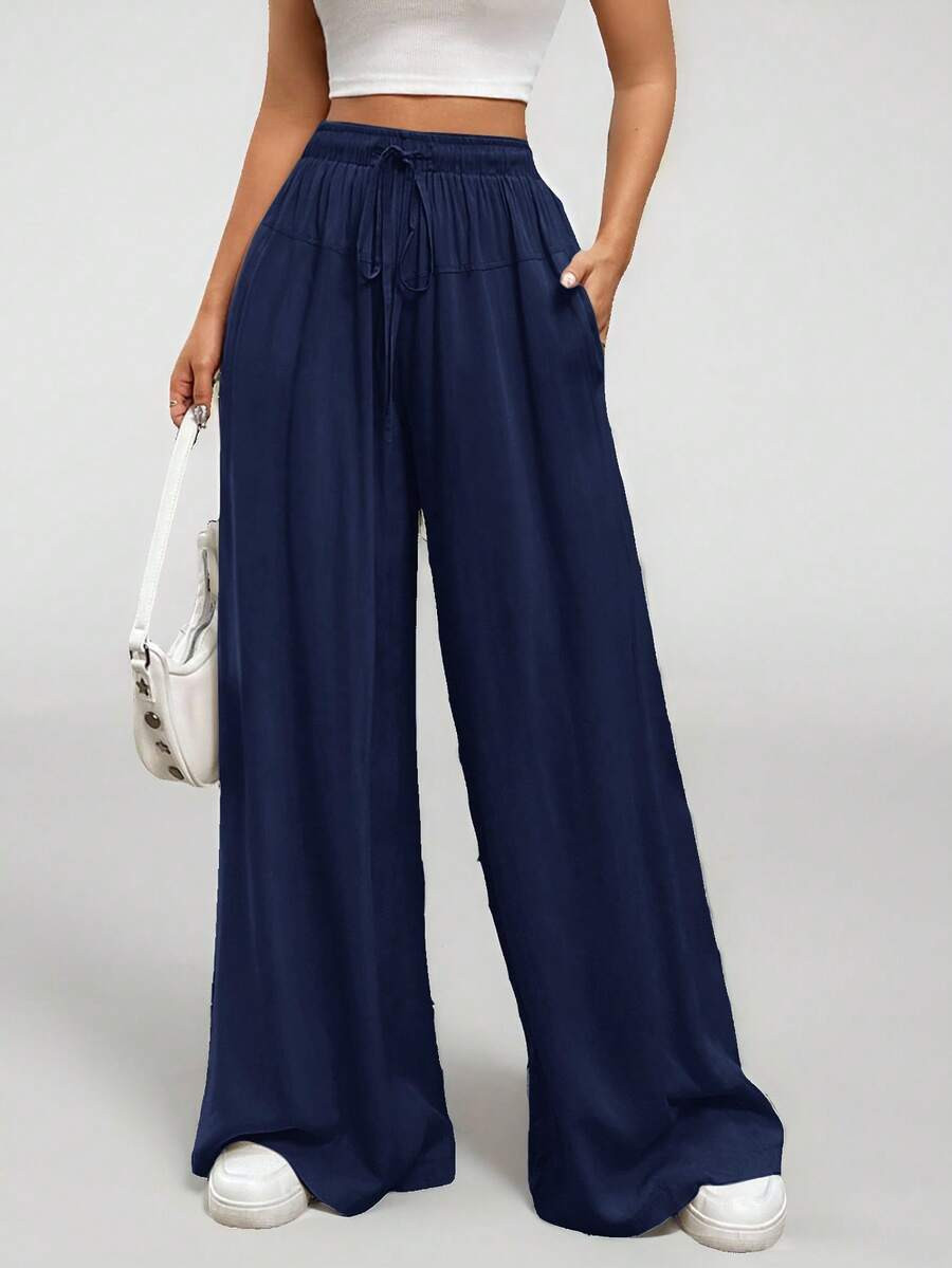 SHEIN Tall Women Spring/Summer Casual Solid Color Drawstring Wide Leg Pants | SHEIN