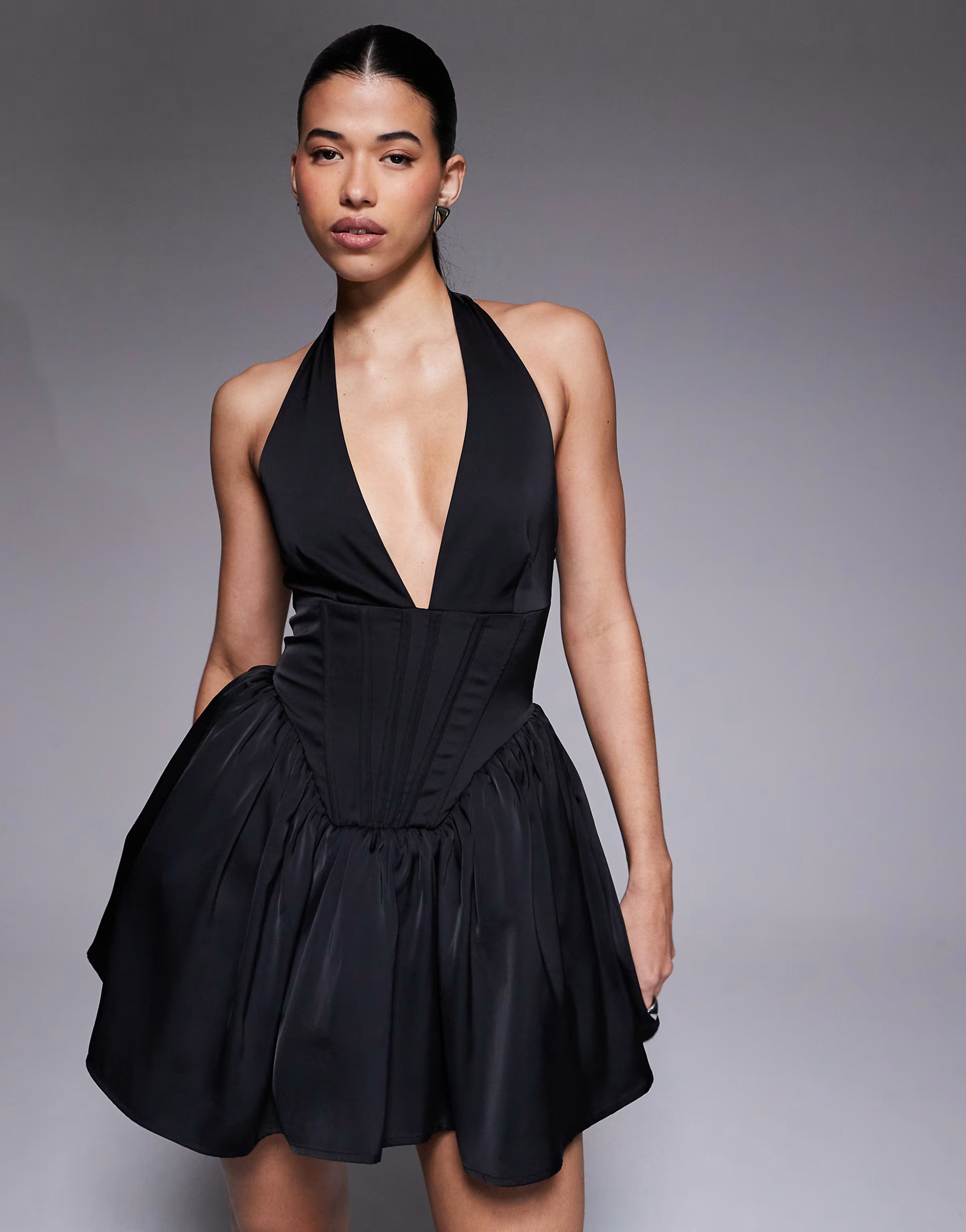 Aria Cove satin plunge halterneck corset detail skater mini dress in black | ASOS (Global)