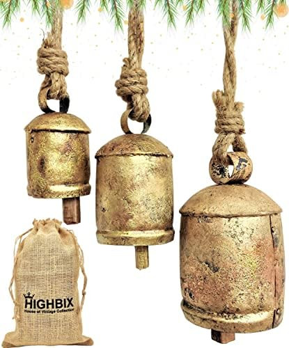 HIGHBIX Set of 3 Harmony Cow Bells Vintage Handmade Rustic Lucky Christmas Hanging Bells On Rope | Amazon (US)