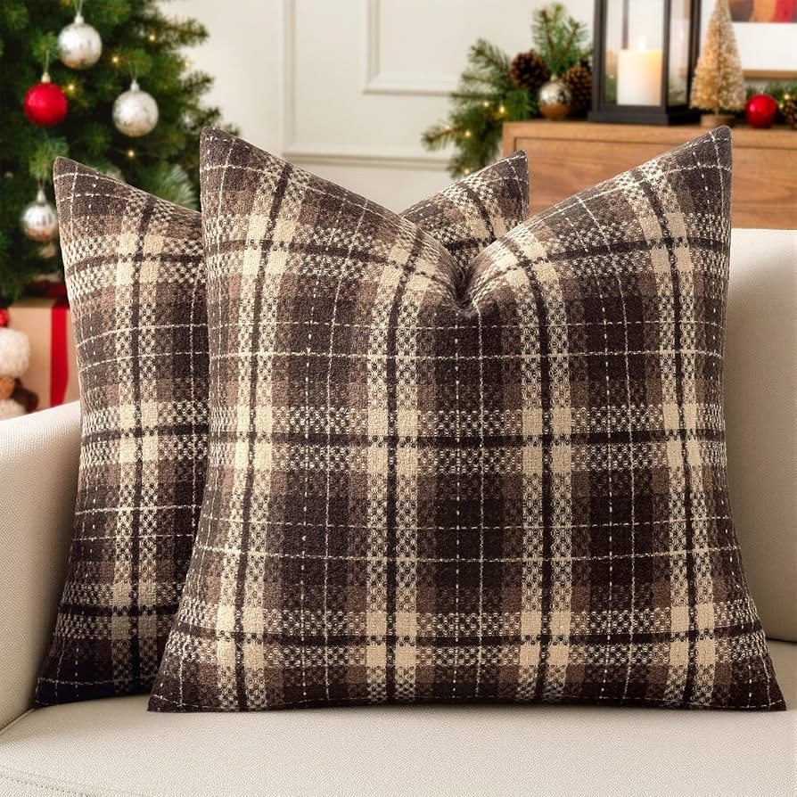 MIULEE Tartan Plaid Throw Pillow Covers Fall 18x18 Inch Coffee Brown | Amazon (US)