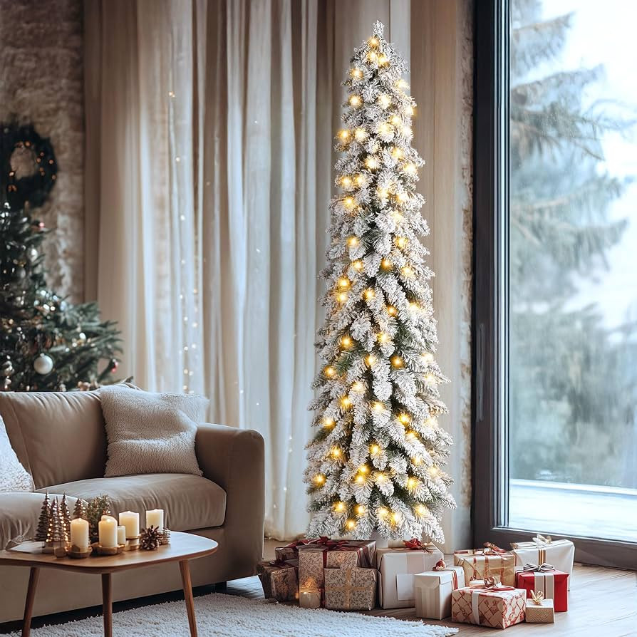 OasisCraft 6ft Snow Flocked Pencil Christmas Tree with Remote, Colored LED Lights, Pre-Lit Slim A... | Amazon (US)