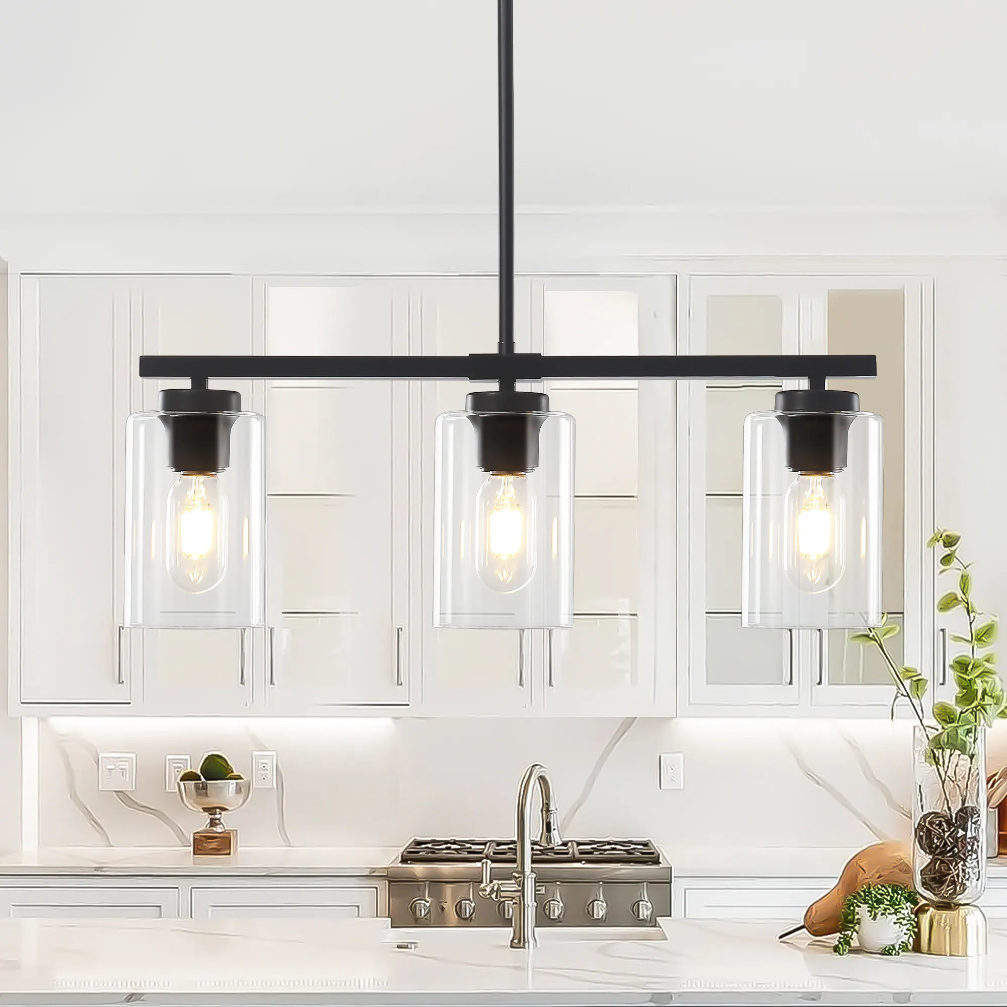 ZSMIHDOH 3 -Light black Modern/contemporary Clear glass Linear Hanging Kitchen island light | BN1054 | Lowe's