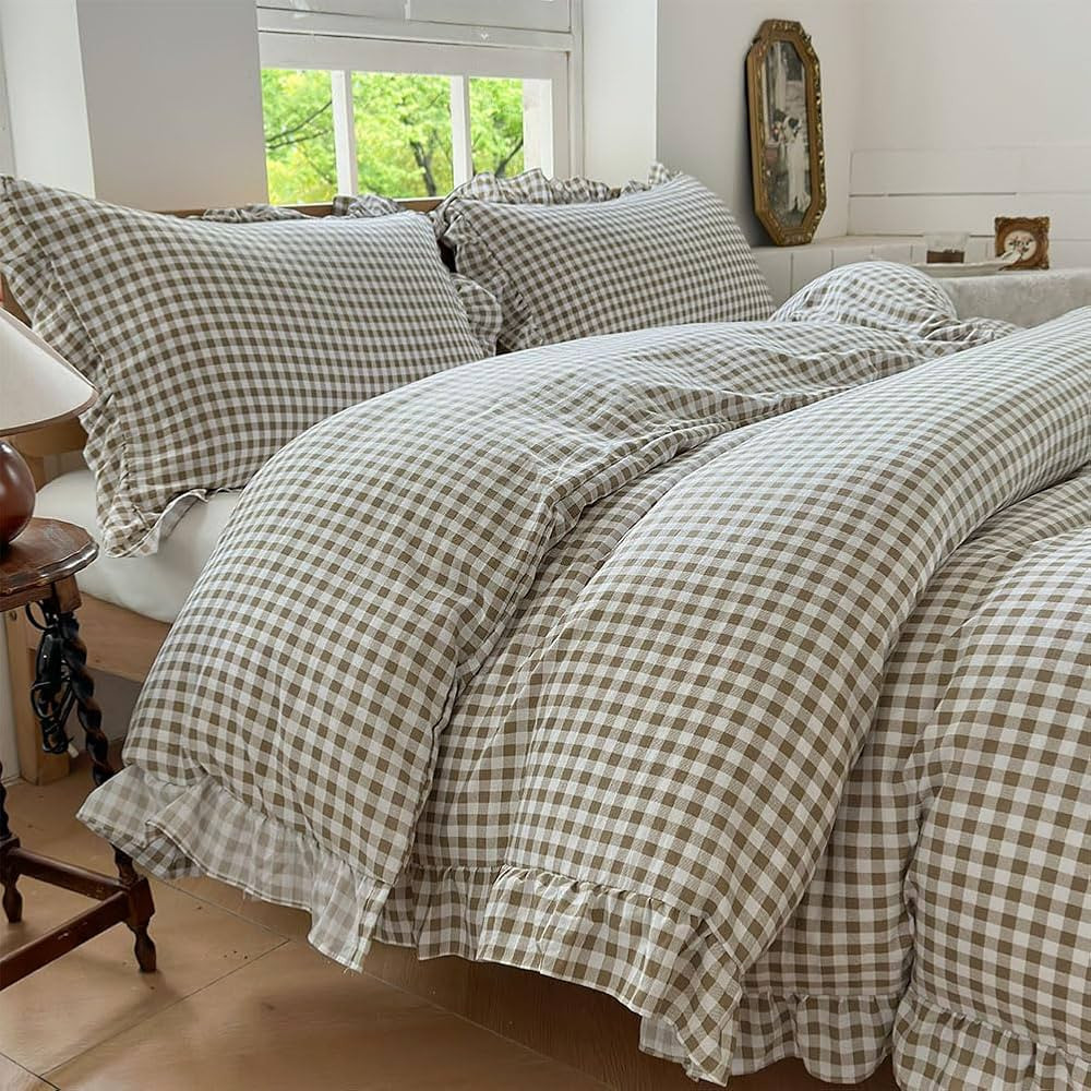 NSNLGSGC Tan Gingham Ruffle Queen Duvet Cover | Amazon (CA)