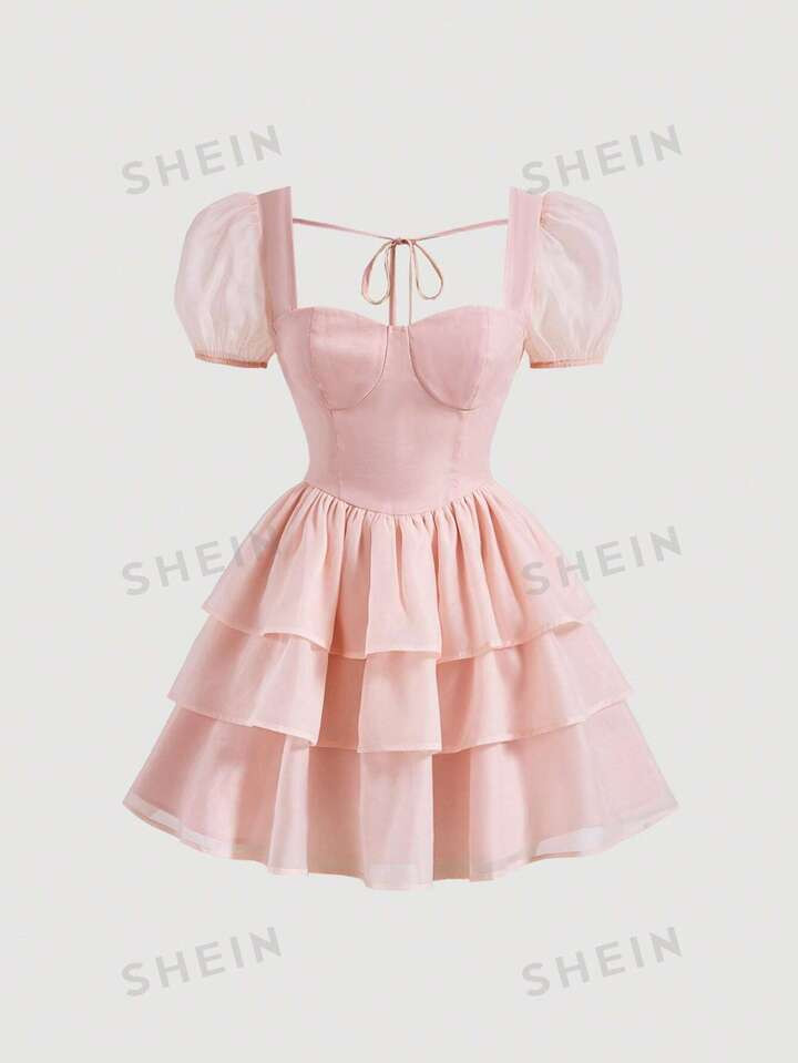 SHEIN MOD Solid Puff Sleeve Layered Ruffle Hem Dress | SHEIN