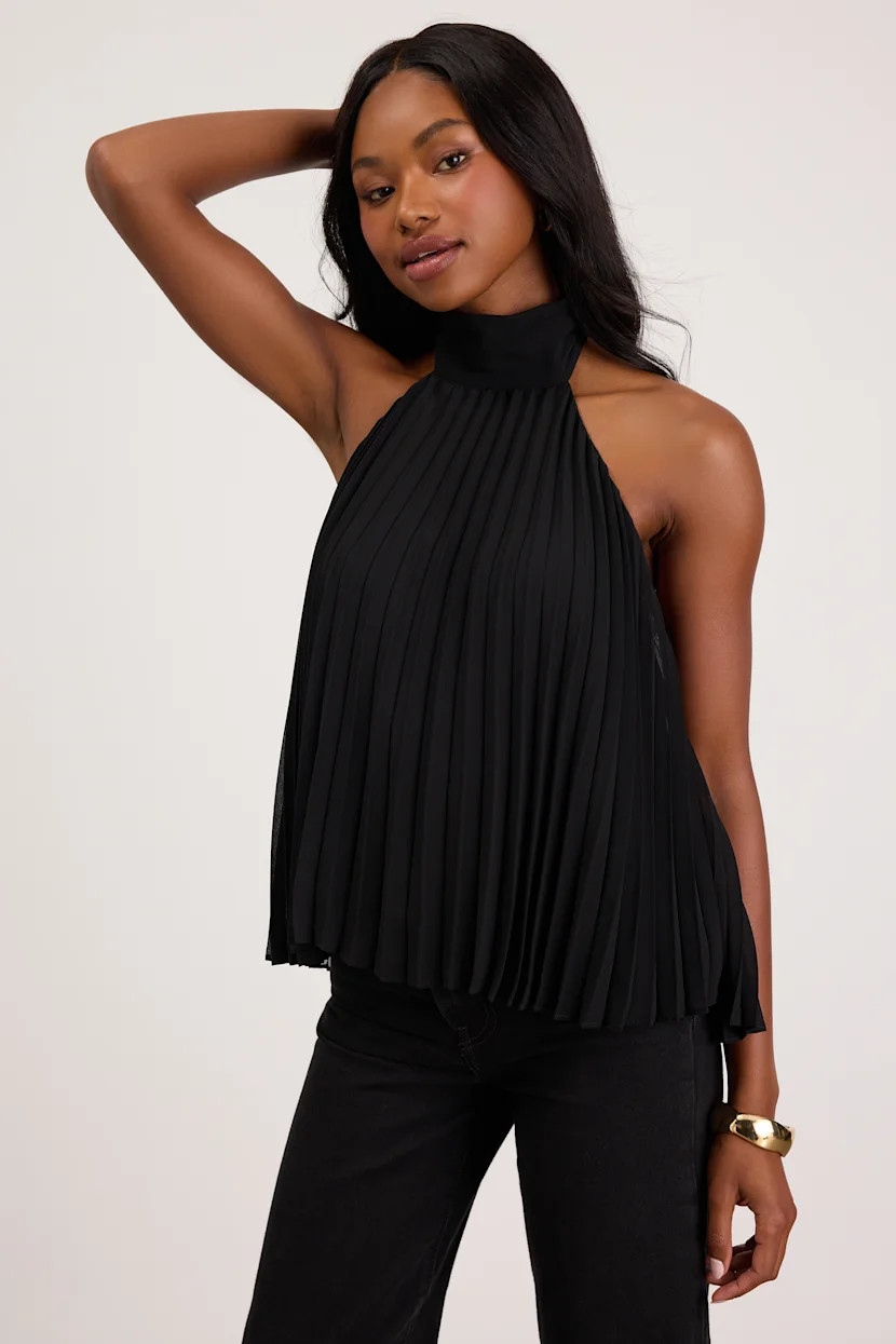Twyla Black Pleated Halter Tank Top | Lulus