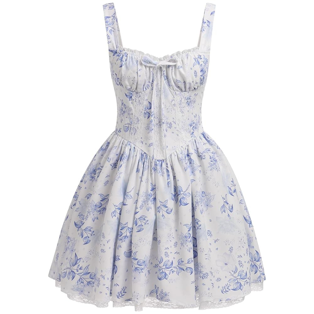 Women's Corset Dress Floral Mini Sexy Spaghetti Straps Low Cut Lace Short Dress Ruffle Summer Bus... | Amazon (US)