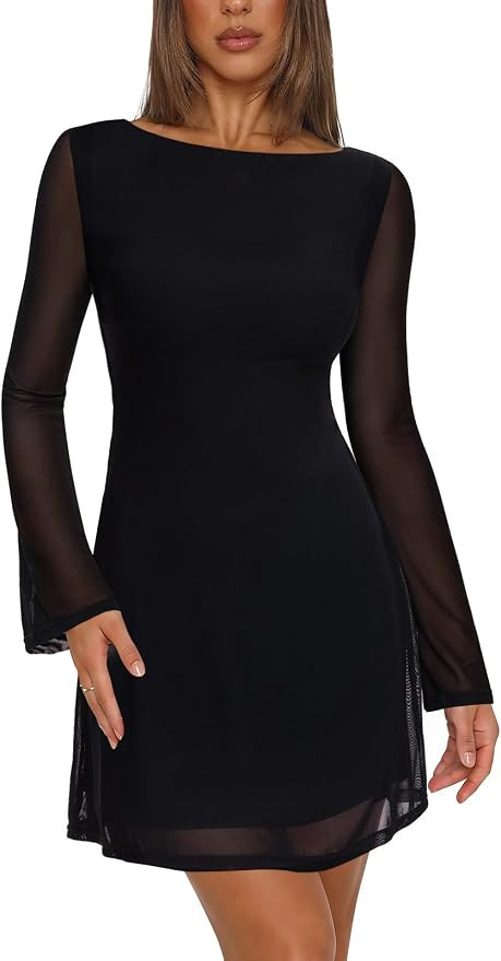 REORIA Wedding Guest Dresses for Women Mesh Bell Long Sleeve Mini Dress | Amazon (US)