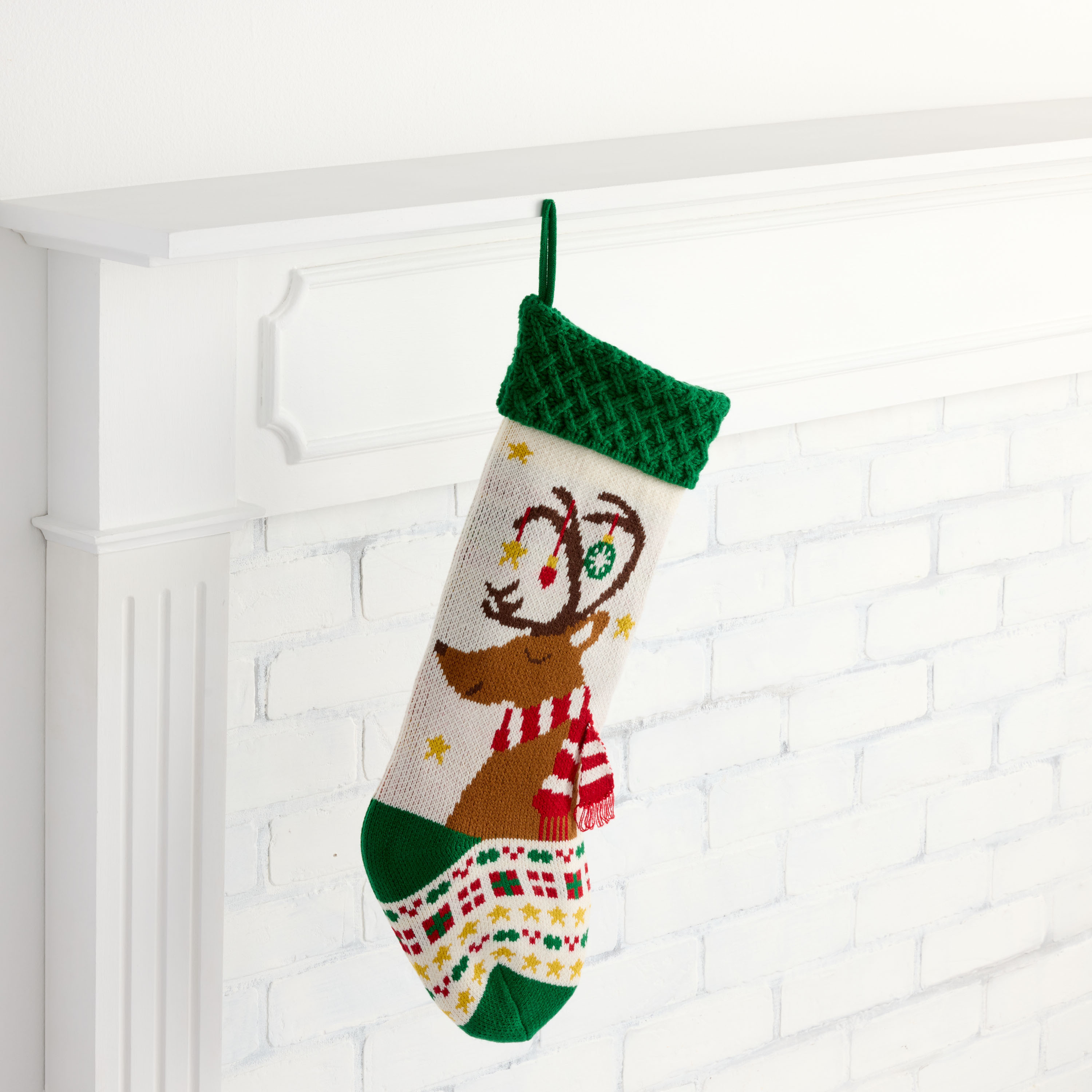 Green and White Knit Reindeer Christmas Stocking | World Market