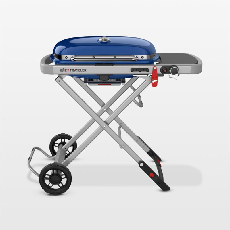 Weber Deep Ocean Blue Traveler Portable Gas Grill | Crate & Barrel | Crate & Barrel