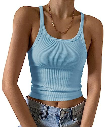 Artfish Women's Sleeveless Tank Top Form Fitting Scoop Neck Ribbed Knit Basic Cami Shirts Light Blue, S | Amazon (US)