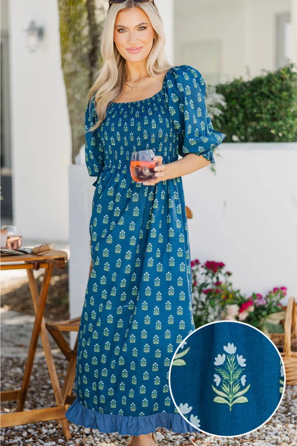 Naturally You Navy Medallion Babydoll Midi Dress | The Mint Julep Boutique