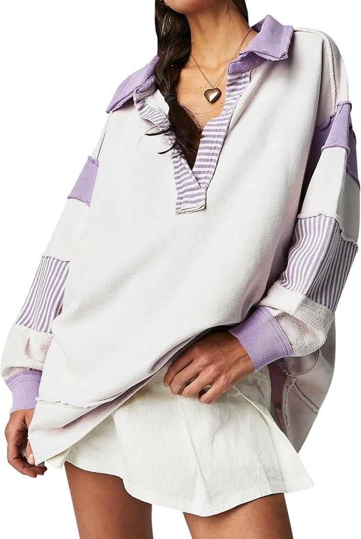 Ugerlov Women's Oversized Sweatshirt Lapel Collared V Neck Polo Shirts Pullover Color Block Strip... | Amazon (US)