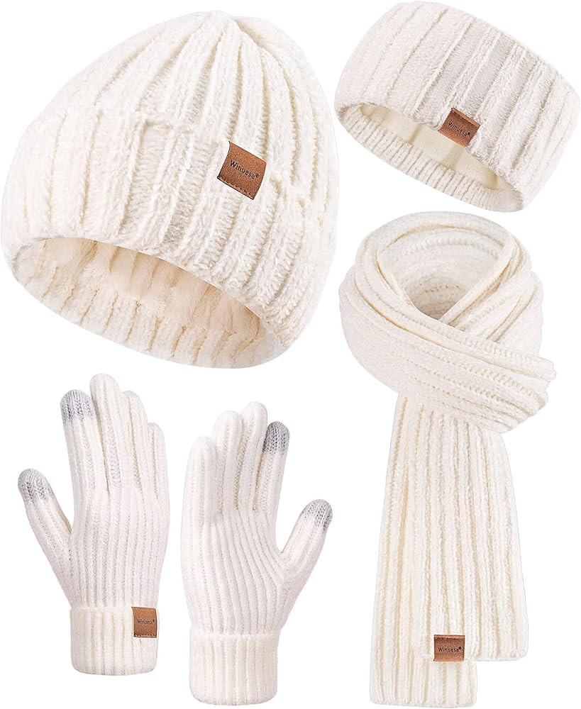 Women Beanie Scarf Gloves Headband Set, Chenille Winter Hats Fleece Lined Ear Warmer Knit Scarf T... | Amazon (US)