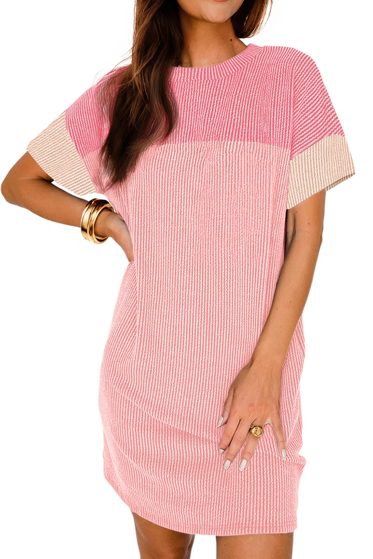 Fantaslook Summer Color Block Dresses for Women Crewneck Short Sleeve T shirts Dress Ribbed Dress... | Walmart (US)