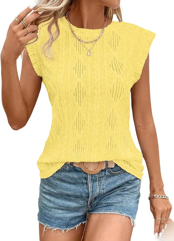 SHEWIN Women's Summer Tops Casual Crewneck Cap Sleeve Shirts Lightweight Crochet Knit Texture Tan... | Amazon (US)