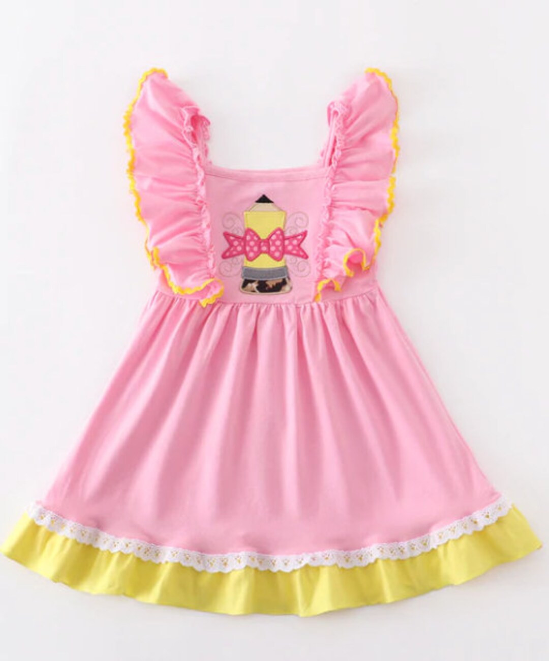 Back to School Dress, School Toddler Girl Outfit, Pink Ruffle Dress, Pencil Dress, Pink & Yellow,... | Etsy (US)