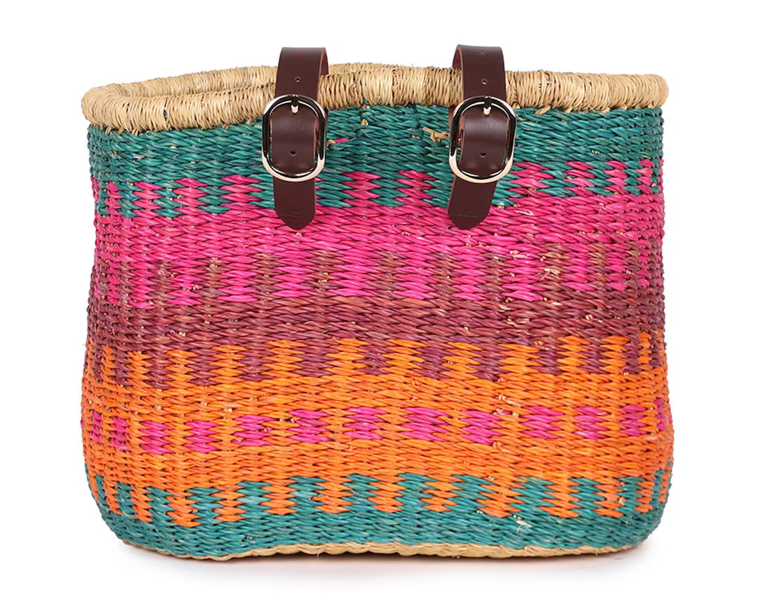 Colourful Oblong Bike Basket. Handwoven Bicycle Basket with Leather Straps. | Etsy (US)