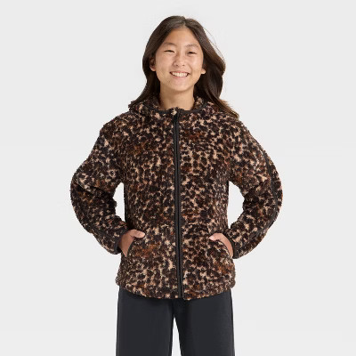 Girls' High Pile Fleece Full Zip Jacket - All In Motion™ Brown S | Target