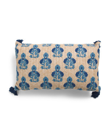 14x24 Outdoor Embroidered Block Print Raffia Style Lumbar Pillow | Summer Celebrations | Marshall... | Marshalls
