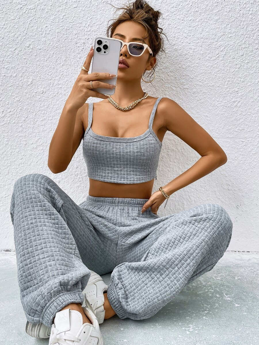 HomeWomen ClothingWomen Co-ordsWomen Two-piece OutfitsSHEIN EZwear Crop Cami Top & Sweatpants | SHEIN