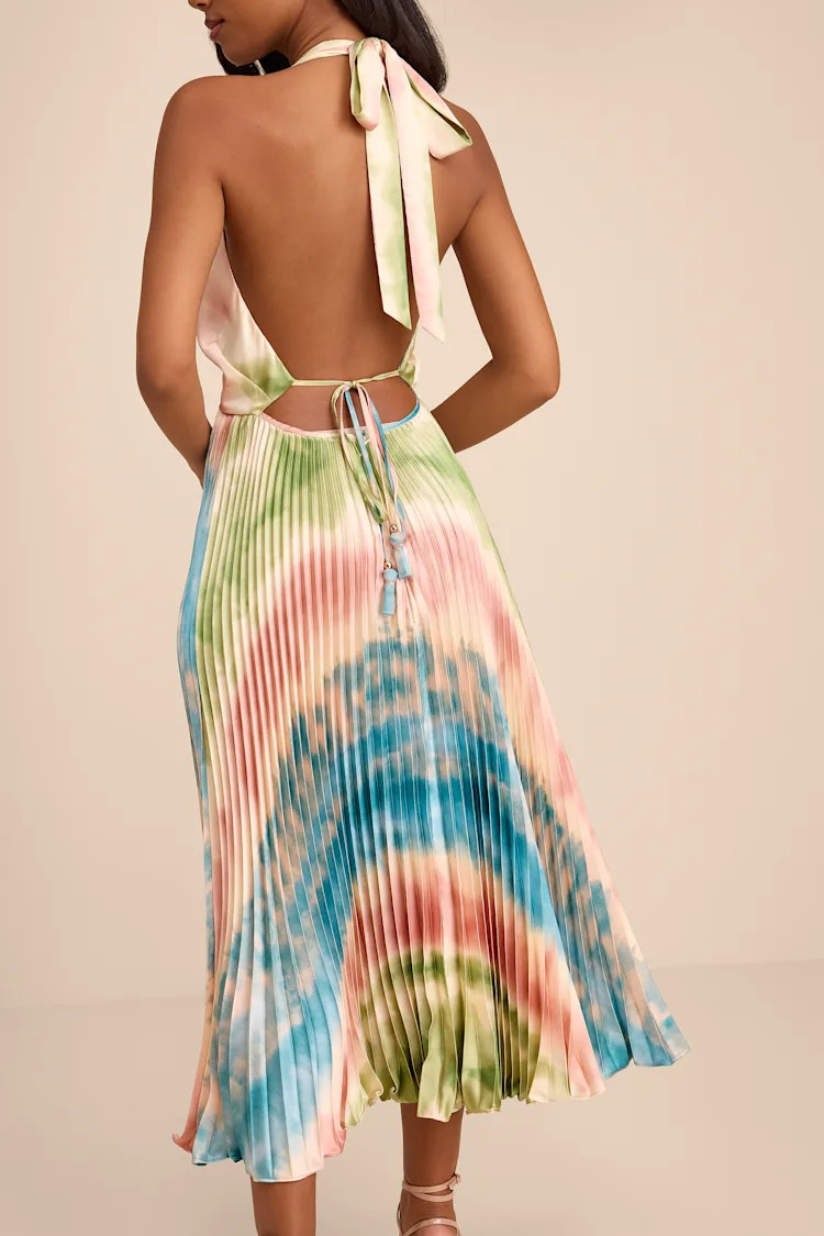 Rhoda Blush Multi Tie-Dye Satin Halter Midi Dress | Lulus