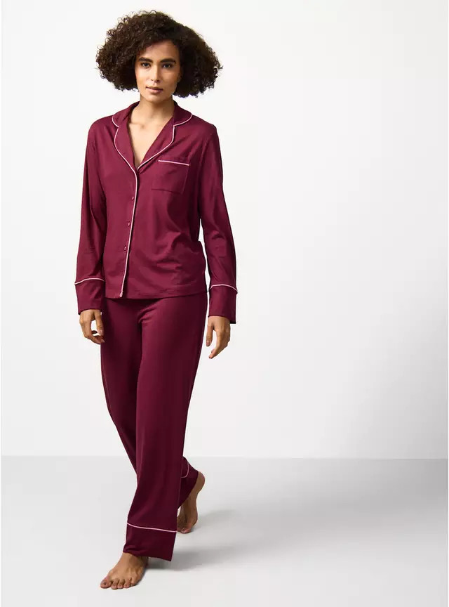 Buy Burgundy Pink Piping Detail Traditional Pyjamas XS | null | Tu | Tu Clothing