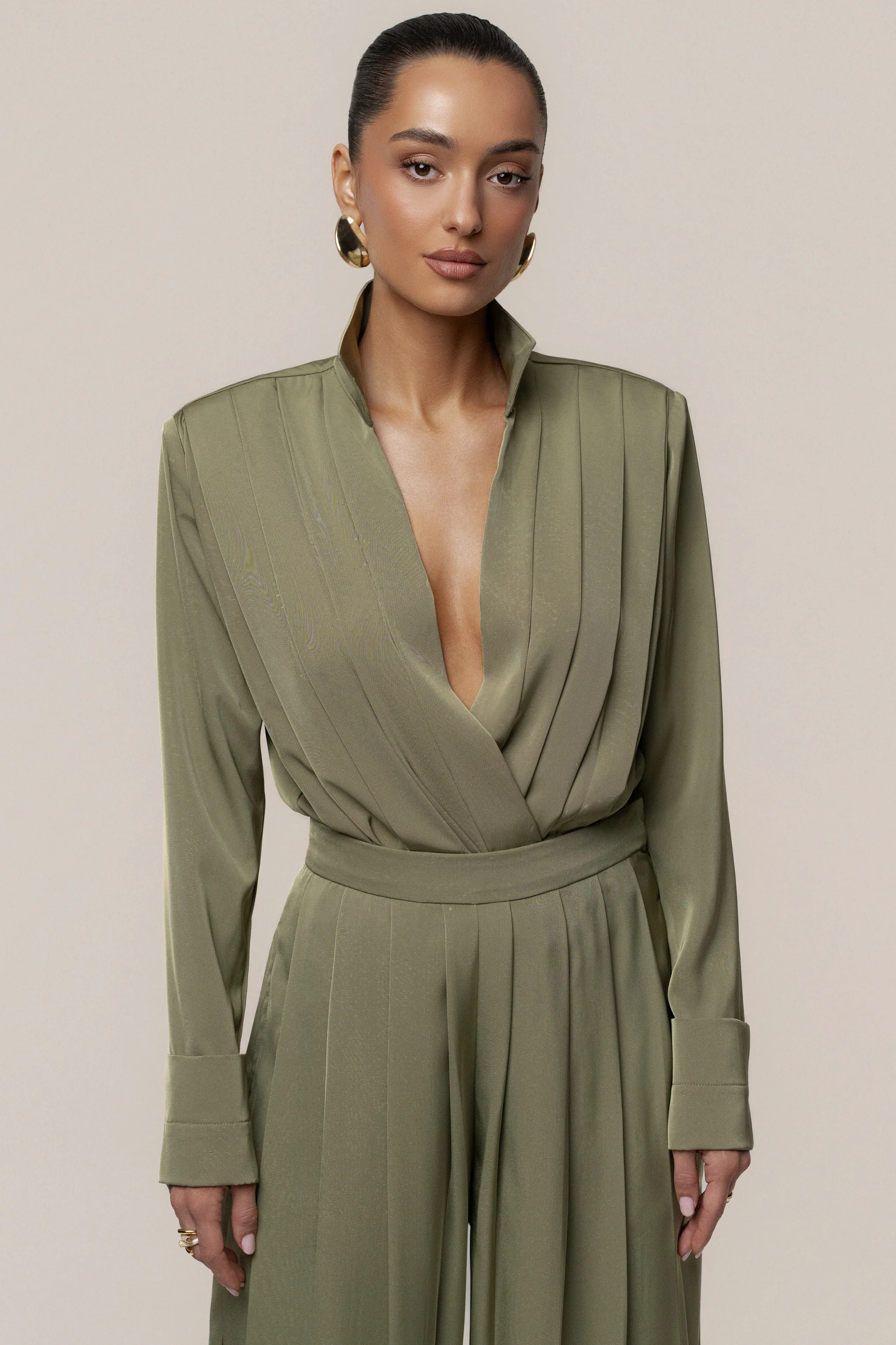 Olive Visionary Pleated Bodysuit | JLUXLABEL US