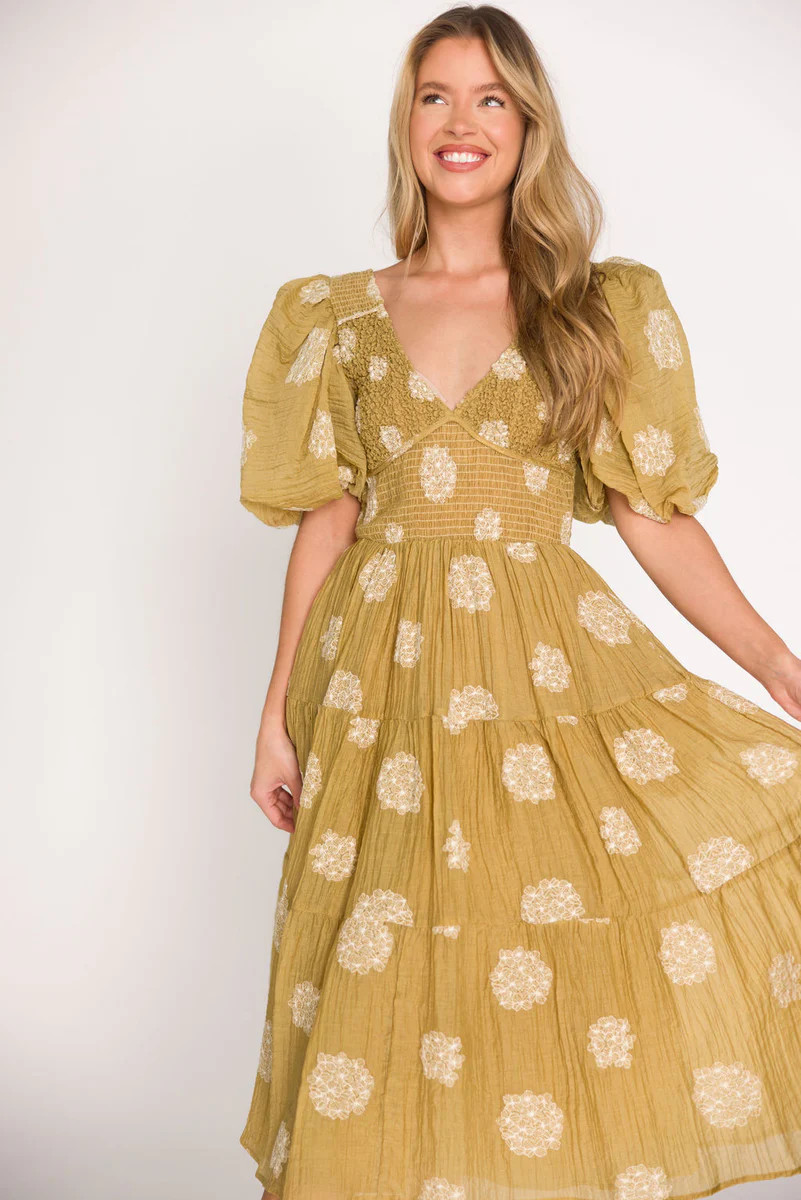 Archer Embroidered Floral Puff Sleeve Midi Dress in Olive | Worth Collective