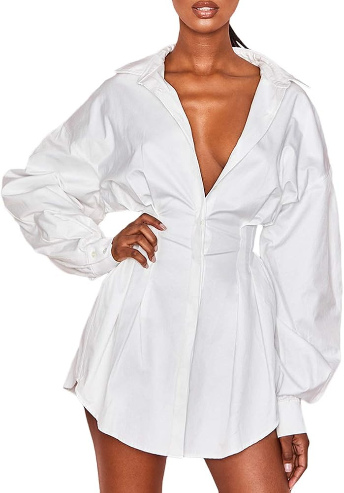xxxiticat Women's Long Sleeve Button Down Shirt Dress Stylish Lapel Solid Deep V Neck Pleated Gat... | Amazon (US)