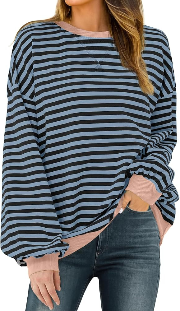 Women Sweatshirt Striped Crew Neck Oversized Long Sleeve Sweatshirt Color Block Loose Pullover | Amazon (US)
