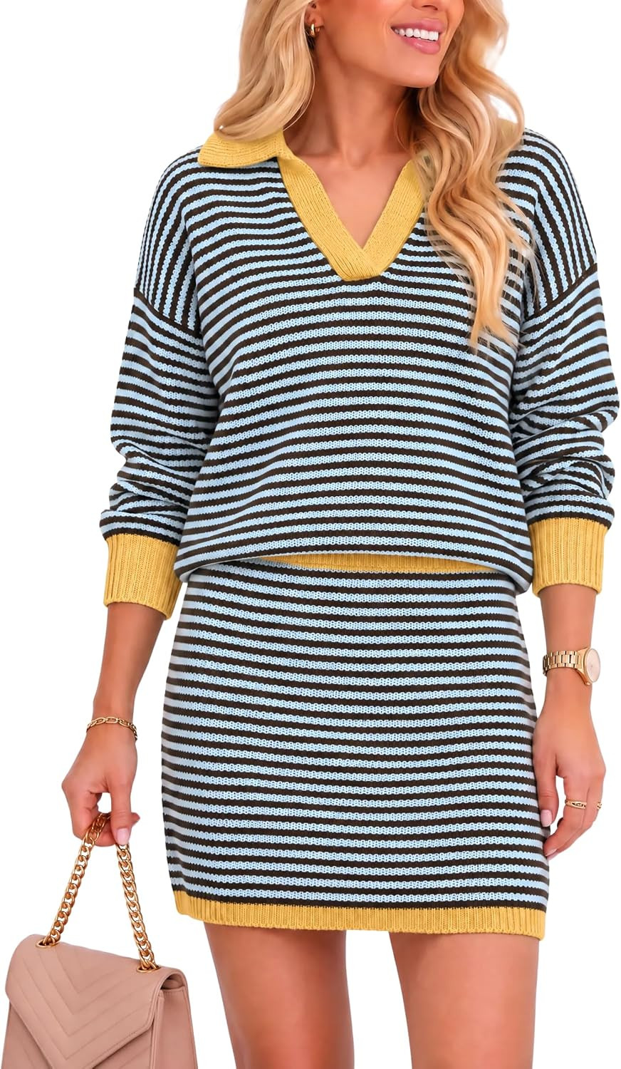 Tankaneo Womens 2 Piece Skirts Sets Outifits Striped Sweaters Mini Skirt | Amazon (US)