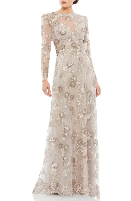 Mac Duggal Floral Embroidered Illusion Long Sleeve Evening Gown in Mocha at Nordstrom, Size 12 | Nordstrom