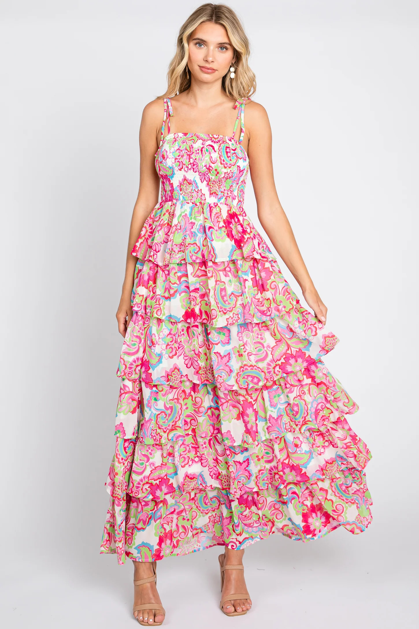 Fuchsia Floral Chiffon Smocked Shoulder Tie Ruffle Tiered Maxi Dress | PinkBlush Maternity