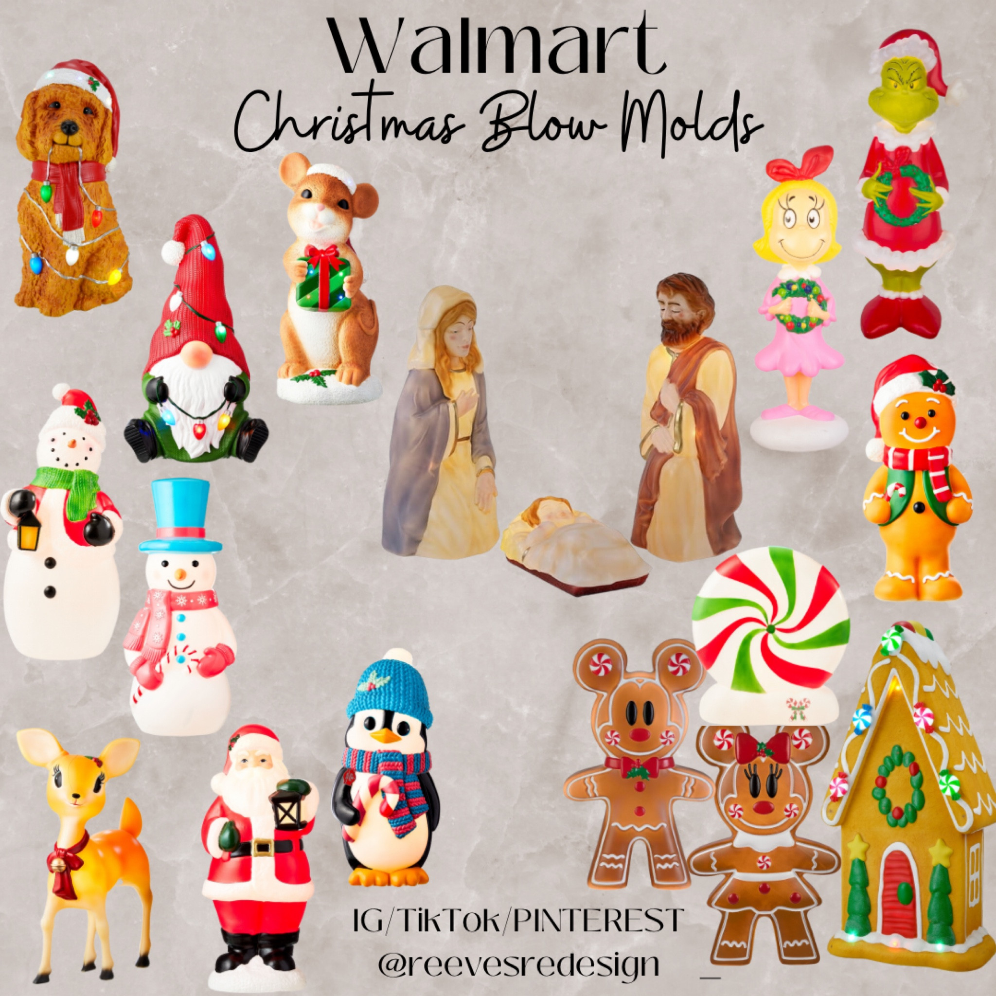Affordable Christmas decorations, Christmas light up decor, Christmas outdoors, Christmas at Walmart, Walmart finds, budget friendly decorations, Grinch, Frosty decor, gingerbread decor, Nativity scene, gingerbread boy, deer decor, Retro Christmas blow molds

FOLLOW | SAVE | SHARE 
IG/TIKTOK/PINTEREST @reevesredesign

#christmas2023
#holidayhome #looksforless
#xmasdecorating #walmarthome
#christmasdecorideas #targetmom
#christmasprep #holidayprep

#LTKSeasonal #LTKhome #LTKHoliday